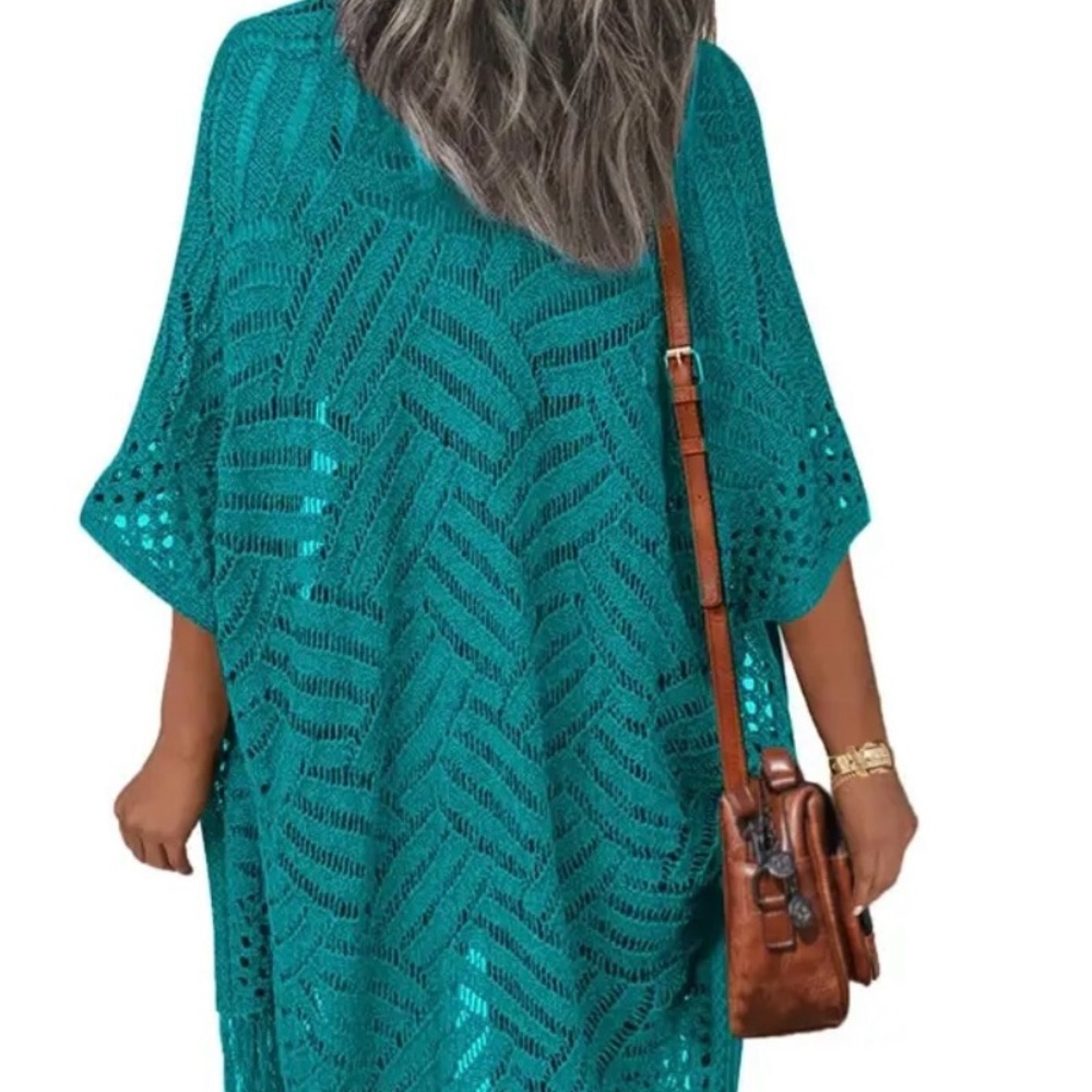 Teal Crochet Kimono Cardigan Fringe Beach Coverup– Sz Medium - Picture 5 of 5